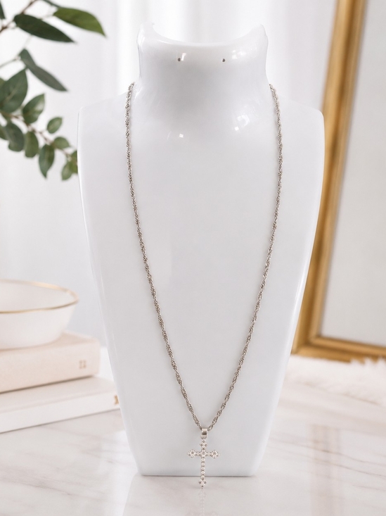 Jewelry - Silver Cross Pendant Necklace with Sparkling Accent - Silver